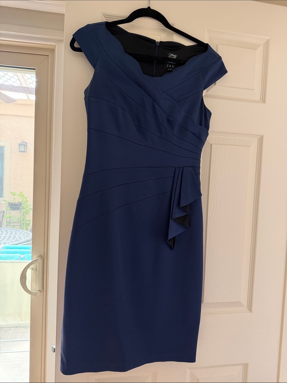 Jax Deep Blue Cap-Sleeve Midi Dress with Side Ruffle